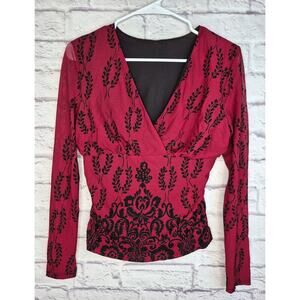 Vintage Y2K Whimsigoth Mesh Top Red Black Damask Long Sleeve Sheer VNeck Fairy M